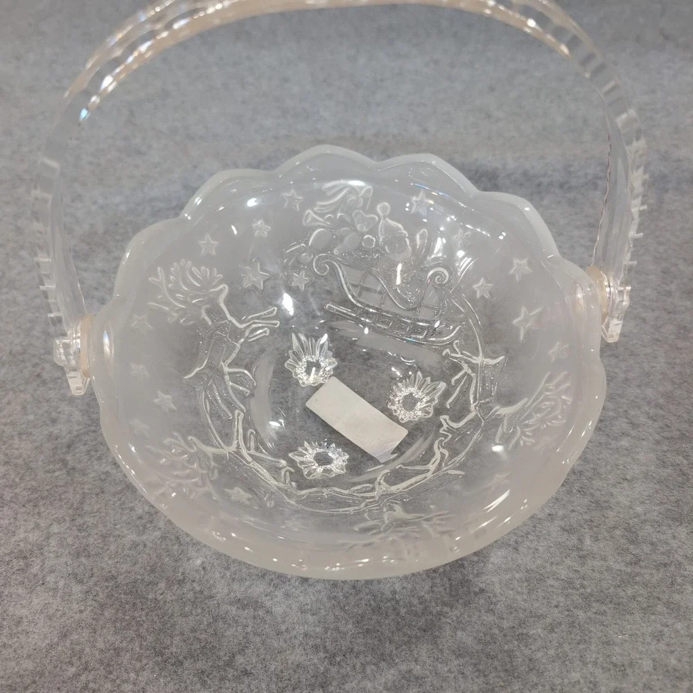 Mikasa Silent‎ Night Handled Basket Clear Frosted Glass Christmas Santa Reindeer